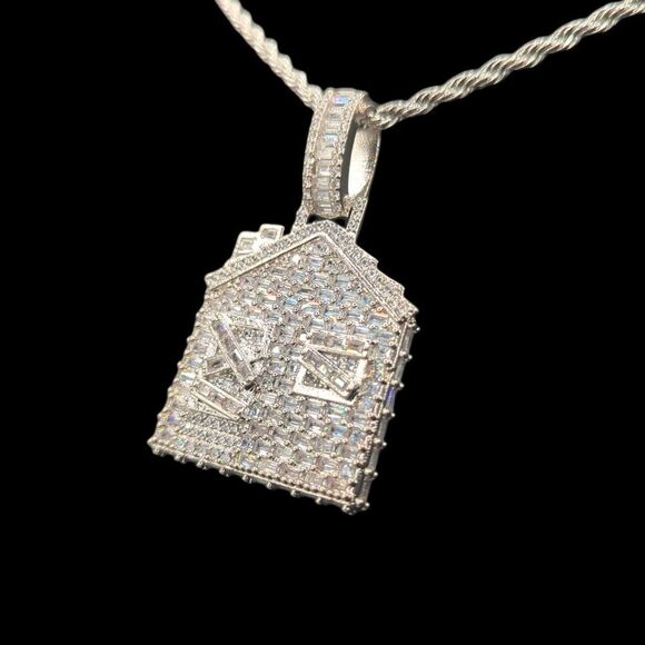 14K White Gold Finish Baguette CZ Trap House - Free 24" x 3mm Rope Chain. - Picture 6 of 9
